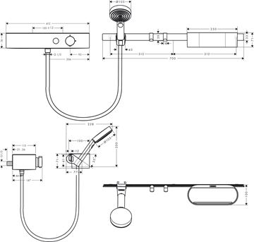 HANSGROHE WALLSTORIS sprchový set s termostatickou batériou, ručná sprcha s 3 prúdmi, nástenná tyč, hadica, držiak, polica, háčiky, EcoSmart, matná čierna 24250670 Technický nákres