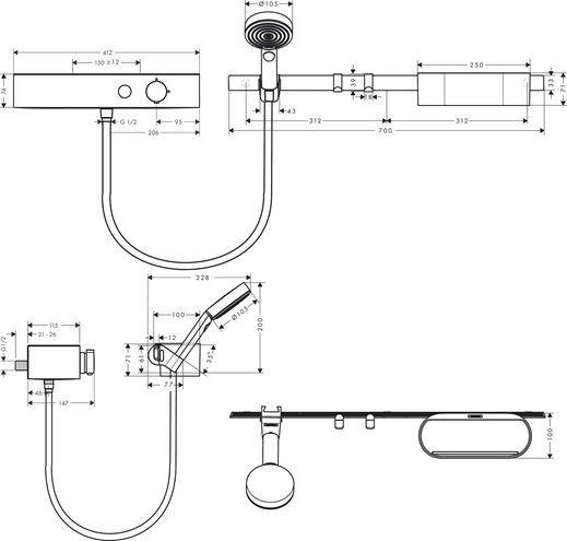 HANSGROHE WALLSTORIS sprchový set s termostatickou batériou, ručná sprcha s 3 prúdmi, nástenná tyč, hadica, držiak, polica, háčiky, EcoSmart, matná čierna 24250670 Technický nákres