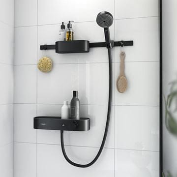 HANSGROHE WALLSTORIS sprchový set s termostatickou batériou, ručná sprcha s 3 prúdmi, nástenná tyč, hadica, držiak, polica, háčiky, EcoSmart, matná čierna 24250670 Obrázek - fotka