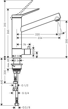 HANSGROHE ZESIS M33 drezová batéria, s ventilom pre umývačku, chróm 74808000 Technický nákres