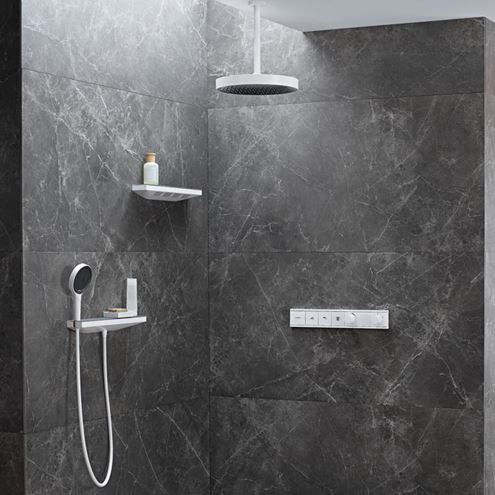 HANSGROHE RAINFINITY nástenná prípojka hadice Porter 500 s poličkou a držiakom sprchy vľavo, chróm / sklo 26843000 Obrázek - fotka
