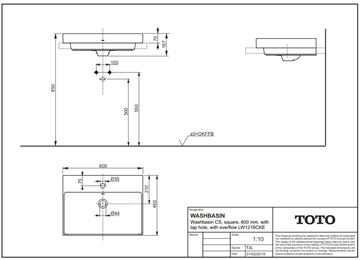 TOTO CS umývadlo 60 cm, s otvorom pre batériu a prepadom LW1216CKE Technický nákres