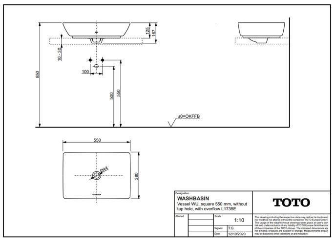 TOTO WU umývadlová misa 55 cm, s prepadom L1735E Technický nákres