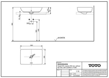 TOTO WU umývadlová misa 55 cm, s prepadom L1735E Technický nákres