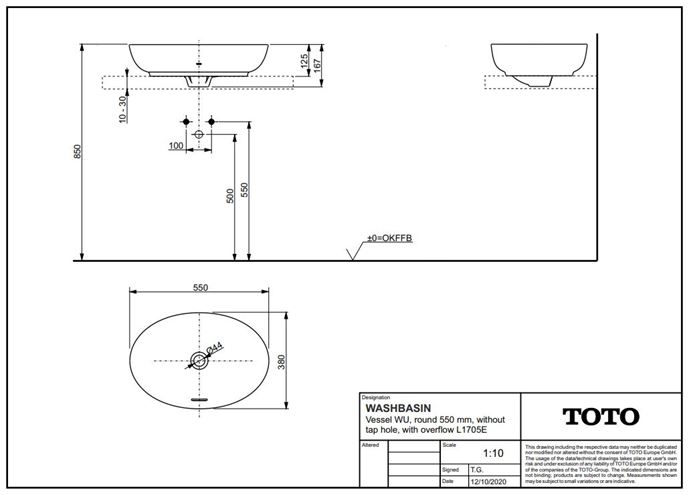 TOTO WU umývadlová misa 55 cm, s prepadom L1705E Technický nákres