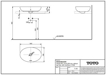 TOTO WU umývadlová misa 55 cm, s prepadom L1705E Technický nákres