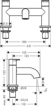 HANSGROHE VERNIS BLEND batéria na okraj vane, 2-otvorová, chróm 71442000 Technický nákres