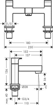 HANSGROHE VERNIS SHAPE batéria na okraj vane, 2-otvorová, chróm 71452000 Technický nákres