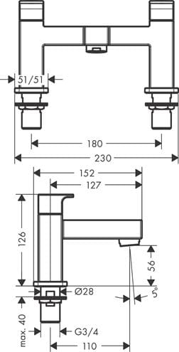 HANSGROHE VERNIS SHAPE batéria na okraj vane, 2-otvorová, matná čierna 71452670 Technický nákres