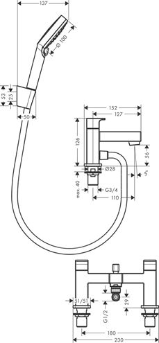 HANSGROHE VERNIS SHAPE batéria na okraj vane, 2-otvorová, so sprchovou súpravou, chróm 71462000 Technický nákres