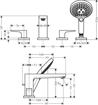 HANSGROHE METROPOL batéria na okraj vane, 4-otvorová, so sprchovou súpravou, chróm 74553000 Technický nákres