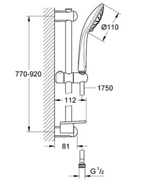 GROHE EUPHORIA 110 MASSAGE sprchová súprava 4-dielna, ručná sprcha pr. 110 mm, 3 prúdy, tyč, hadica, polička, chróm 27226001 Technický nákres
