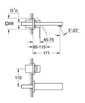 GROHE EUROCUBE umývadlová podomietková batéria, chróm 19895000 Technický nákres