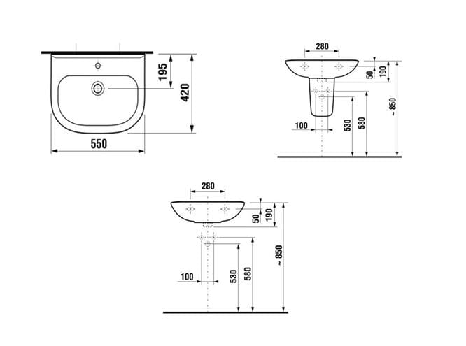 EASY umývadlo 55 cm, s otvorom pre batériu a prepadom H8106120001045 Technický nákres