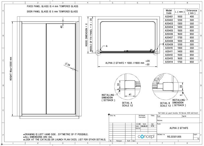 CONCEPT 100 BLACK EDITION sprchové dvere 120x200 cm, posuvné, čierna / číre sklo PTA20409.123.322 Technický nákres