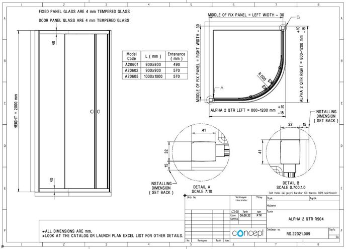 CONCEPT 100 BLACK EDITION sprchový kút 90x90 cm, R500, posuvné dvere, čierna / sklo číre PTA20612.123.322 Technický nákres