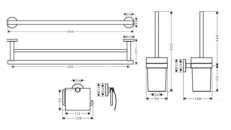 HANSGROHE LOGIS UNIVERSAL sada doplnkov pre WC a kúpeľňu, chróm 41727000 Technický nákres