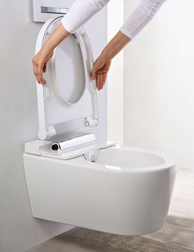 GEBERIT AQUACLEAN SELA závesné WC s bidetovým sedadlom, SoftOpening, TurboFlush, KeraTect, biela/chróm 146.222.21.1 Obrázek - fotka