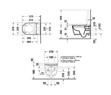 DURAVIT SENSOWASH STARCK F LITE závesné WC compact, s bidetovým SoftClose sedadlom, Rimless splachovanie, HygieneGlaze 650001012004310 Technický nákres