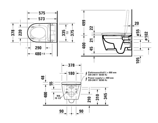 DURAVIT SENSOWASH STARCK F PLUS COMPACT závesné WC s bidetovým sedadlom, Rimless, Softclose, biela 650000012004320 Technický nákres