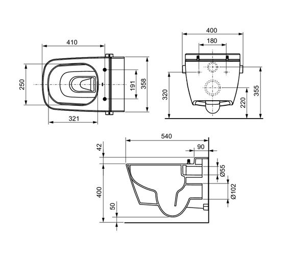 TECE ONE sprchovacie WC, Rimless 9700200 Technický nákres