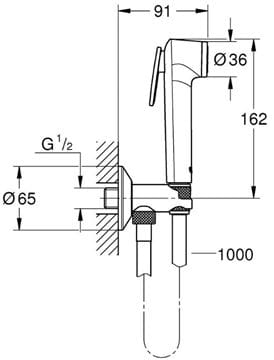 GROHE TEMPESTA-F TRIGGER SPRAY 30 nástenný ventil s bidetovou sprškou, hadicou a držiakom, chróm 26358000 Technický nákres