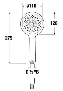 JIKA CUBITO-N sprchová súprava 3-dielna, ručná sprcha pr. 130 mm, 4 prúdy, hadica, držiak, chróm H3651X00043621 Technický nákres