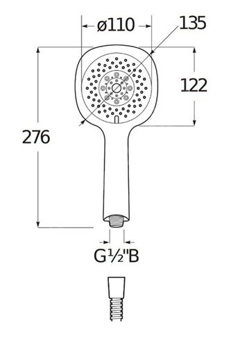 JIKA CUBITO-N sprchová súprava 3-dielna, ručná sprcha 130x130 mm, 4 prúdy, hadica, držiak, chróm H3651X00043631 Technický nákres