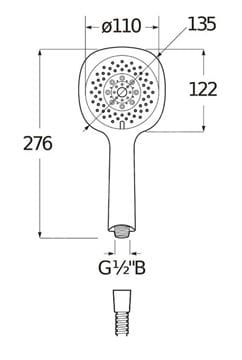 JIKA CUBITO-N sprchová súprava 3-dielna, ručná sprcha 130x130 mm, 4 prúdy, hadica, držiak, chróm H3651X00043631 Technický nákres