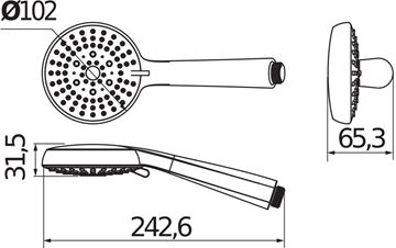 JIKA RIO sprchová súprava 3-dielna, ručná sprcha pr. 102 mm, 3 prúdy, hadica, držiak, chróm/nerez H3651R00043611 Technický nákres
