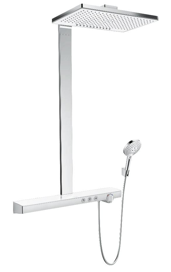 HANSGROHE RAINMAKER SELECT SHOWERPIPE 460 sprchový set s termostatickou batériou, horná sprcha, ručná sprcha s 2 prúdmi, EcoSmart, biela/chróm