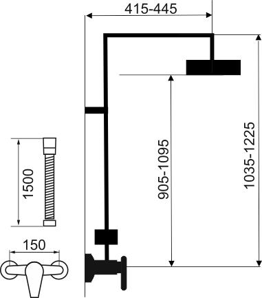 NOVASERVIS METALIA 58 sprchový set s batériou, horná sprcha, ručná sprcha s 3 prúdmi, teleskopická tyč, hadica, Eco, matná čierna SET071/58,5 Technický nákres