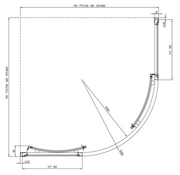 RAVAK SUPERNOVA SKCP4 90 sprchový kút 90x90 cm, R500, posuvné dvere, biela/sklo grape 3117O102ZG Technický nákres