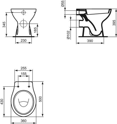 IDEAL STANDARD EUROVIT stacionárne WC, zadný odpad W333101 Technický nákres