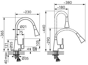 NOVASERVIS drezová batéria, s flexi ramienkom a sprškou, čierna/chróm 70720,0C Technický nákres