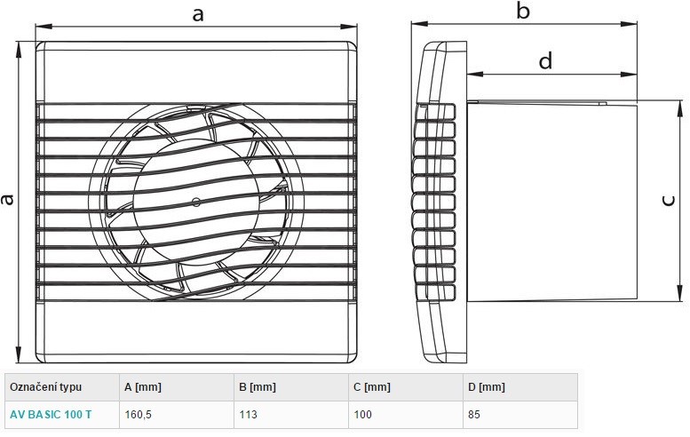 HACO AV BASIC 100 T axiálny ventilátor 100 mm, nástenný, s časovačom 0906 Technický nákres