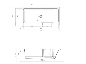 GKI DUOSETRA vaňa 170x80 cm, s dvierkami, so zástenou a sedadlom, s panelom a rámom, akrylát DUOSETRA Technický nákres