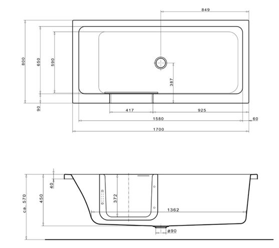 GKI DUOSETLA vaňa 170x80 cm, s dvierkami, so zástenou a sedadlom, s panelom a rámom, akrylát DUOSETLA Technický nákres