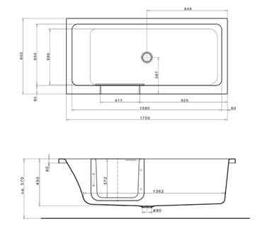 GKI DUOSETLA vaňa 170x80 cm, s dvierkami, so zástenou a sedadlom, s panelom a rámom, akrylát DUOSETLA Technický nákres