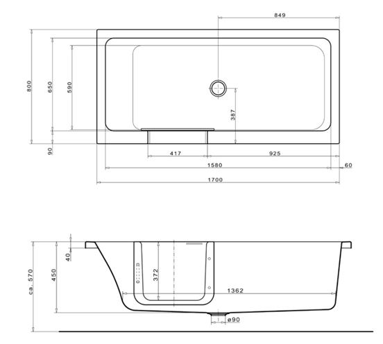 GKI DUOSETLF vaňa 170x80 cm, s dvierkami, so zástenou a sedadlom, s panelom na obloženie a rámom, akrylát DUOSETLF Technický nákres