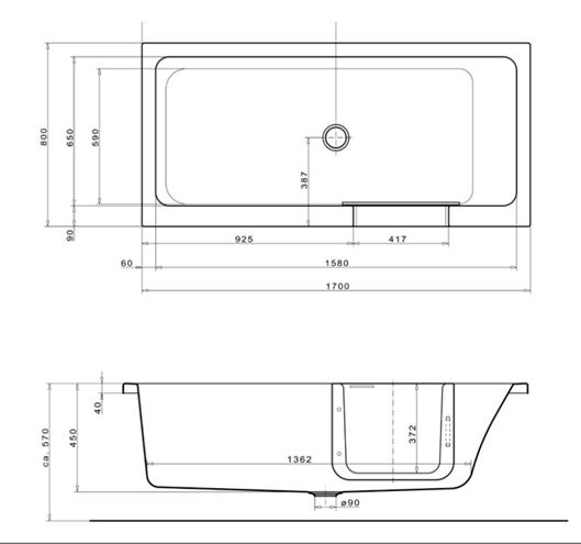 GKI DUOSETRF vaňa 170x80 cm, s dvierkami, so zástenou a sedadlom, s panelom na obloženie a rámom, akrylát DUOSETRF Technický nákres