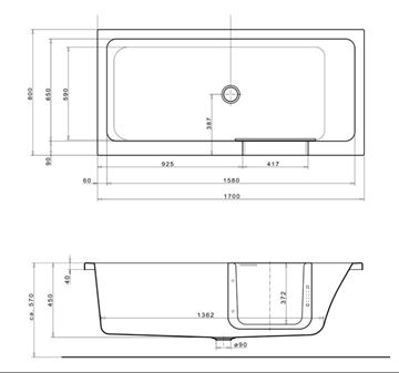 GKI DUOSETRF vaňa 170x80 cm, s dvierkami, so zástenou a sedadlom, s panelom na obloženie a rámom, akrylát DUOSETRF Technický nákres