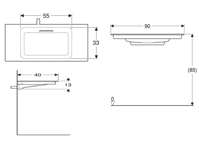 GEBERIT ONE umývadlo 90 cm, skrytý prepad, KeraTect 500.395.01.2 Technický nákres
