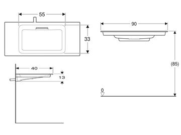 GEBERIT ONE umývadlo 90 cm, skrytý prepad, KeraTect 500.395.01.2 Technický nákres