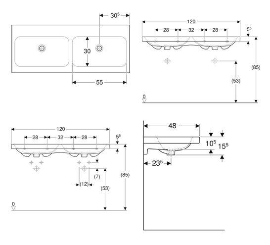 GEBERIT ICON LIGHT dvojumývadlo 120 cm, s 2 otvormi pre batérie, bez prepadu, KeraTect 501.838.00.6 Technický nákres