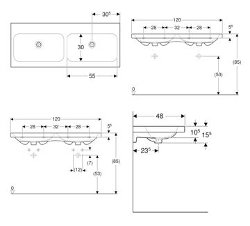 GEBERIT ICON LIGHT dvojumývadlo 120 cm, s 2 otvormi pre batérie, bez prepadu, KeraTect 501.838.00.6 Technický nákres