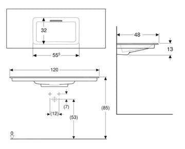 GEBERIT ONE umývadlo 120 cm, skrytý prepad, KeraTect 505.016.00.1 Technický nákres