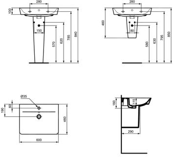 IDEAL STANDARD CONNECT AIR umývadlo 60 cm, s otvorom pre batériu a prepadom, hodvábna čierna E0298V3 Technický nákres