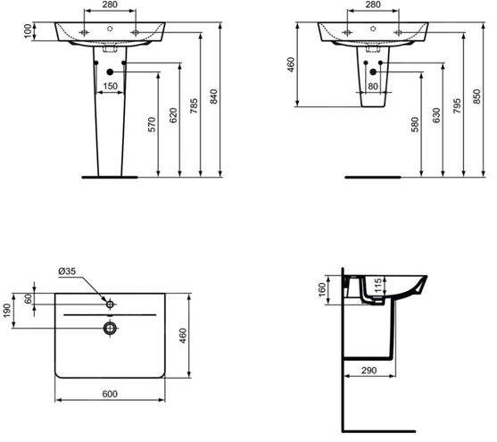 IDEAL STANDARD CONNECT AIR umývadlo 60 cm, s otvorom pre batériu a prepadom, hodvábna čierna E0298V3 Technický nákres