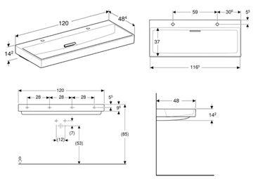 GEBERIT ONE umývadlo 120 cm, s 2 otvormi pre batérie, skrytý prepad, KeraTect 505.049.00.1 Technický nákres